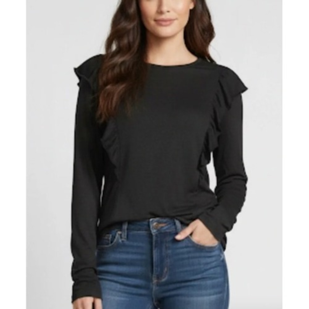 FRAME Black Ruffle Linen Tee XS | Long Sleeve Designer Top 100% Linen $125